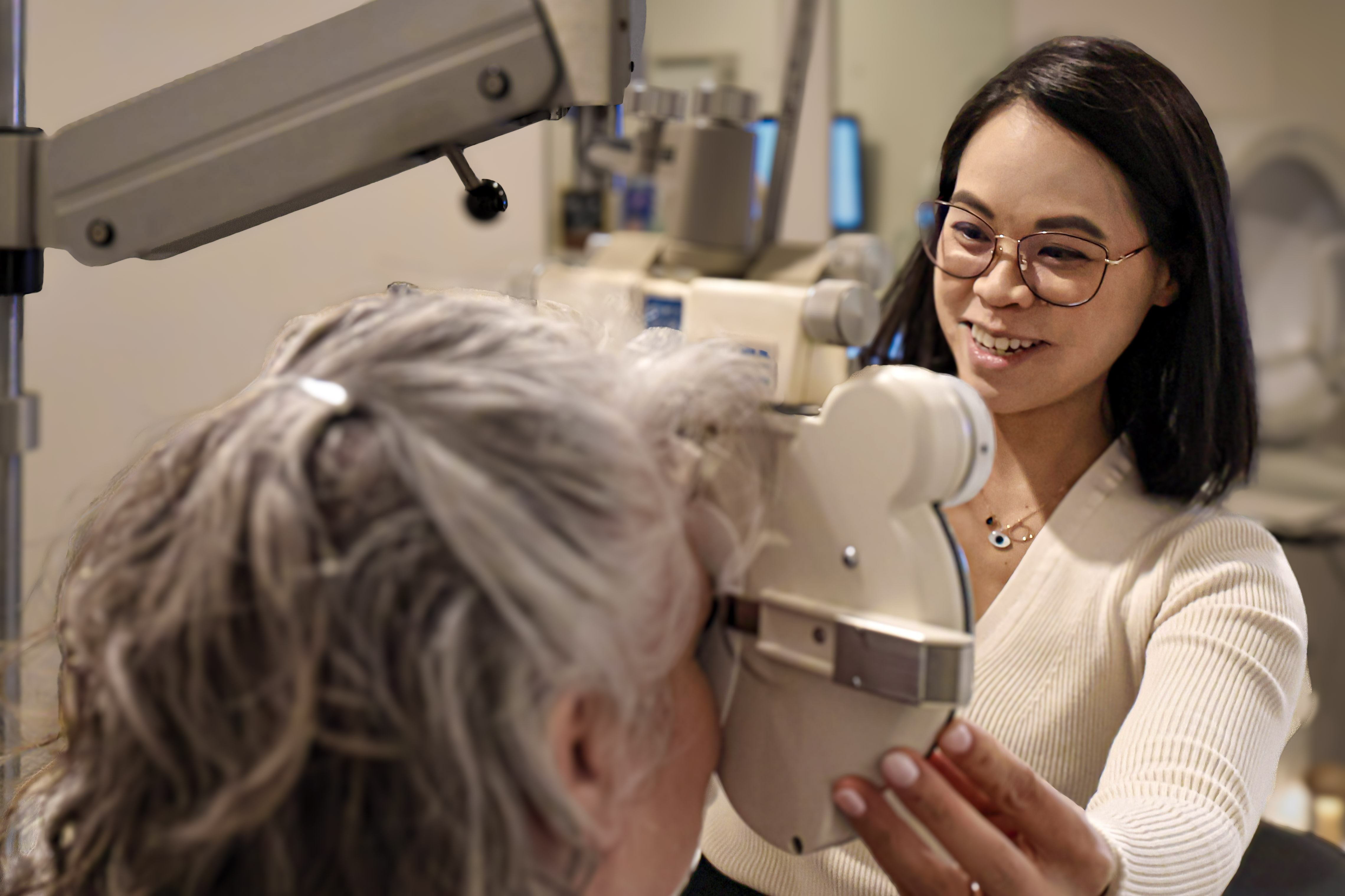 Dr. Sarah Fong performing an eye exam